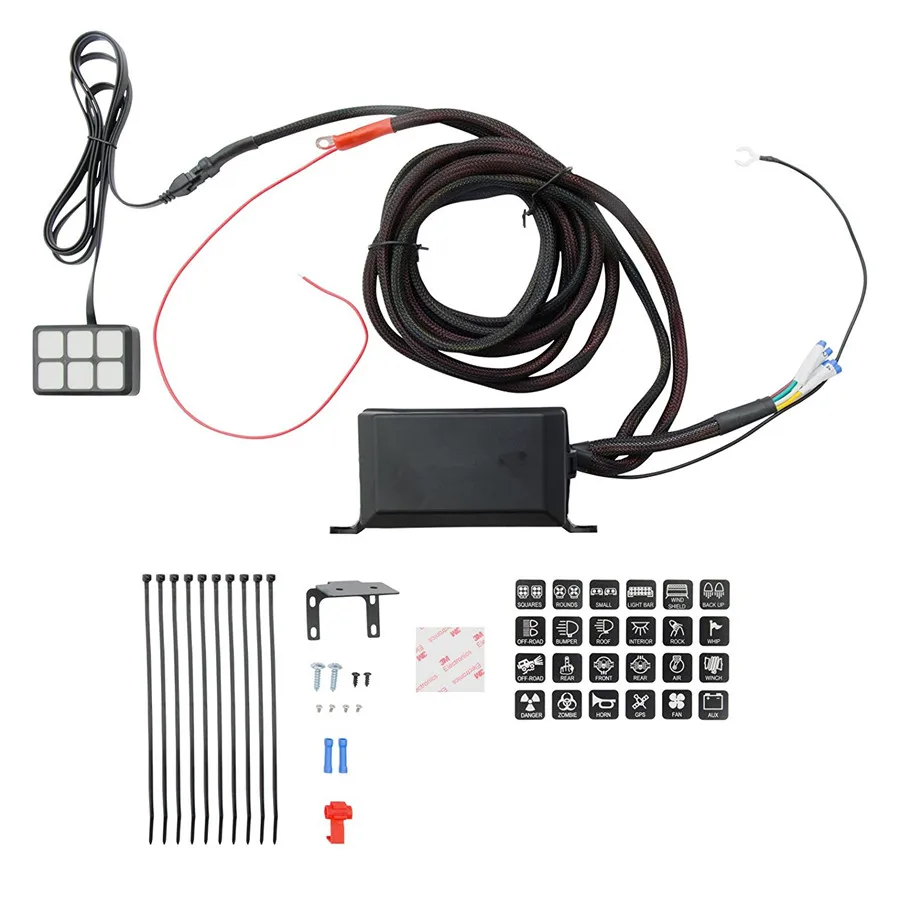 

Universal 6 Key LED Switch Panel Relay Control Box + Wiring Harness For Vehicle With 12V DC Power