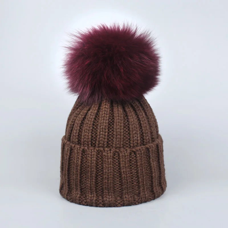 Теплая зимняя женская шапка с помпонами из натурального Лисьего меха, вязаная лыжные шапочки для девочек, толстая женская шапка - Цвет: Hat Coffee