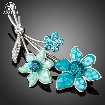 

AZORA Blue Oil Painting with Sequins Flowers Set with Stellux Austrian Crystals Pin Brooch TP0049