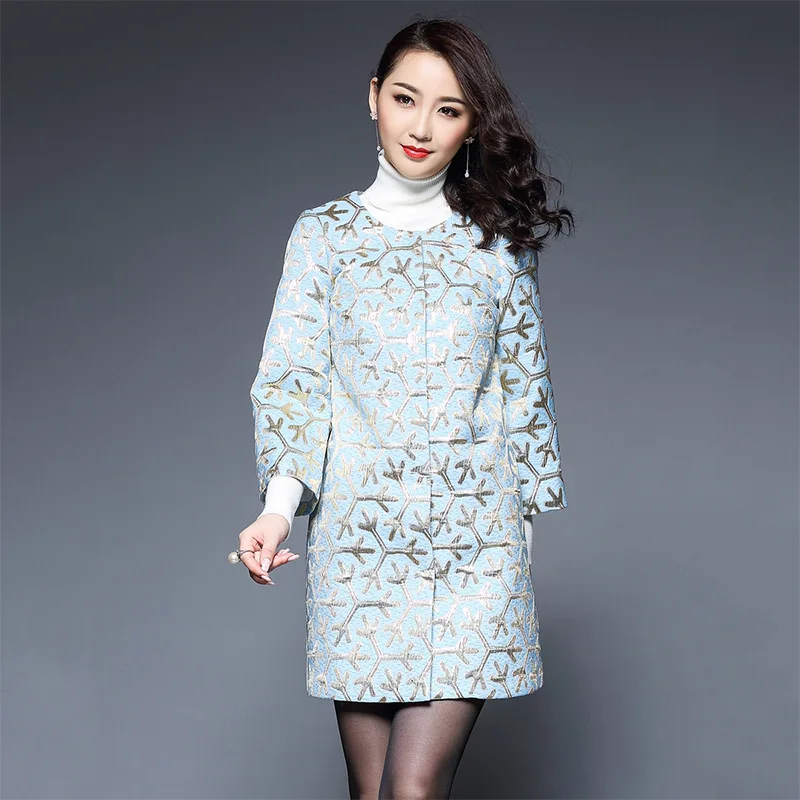 

Plus size S-5XL 2017 spring snowflake embroidered Trench coat women o-Neck jacquard outerwear women's trenches mother cloth