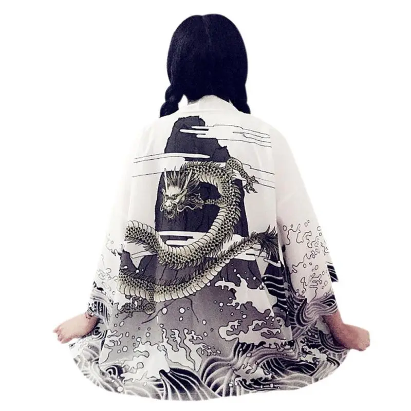 

EFINNY Vintage Summer Women Cardigan Dragon Waves Printed Chiffon 2018 Sun Protection Kimono Shirt Outerwear