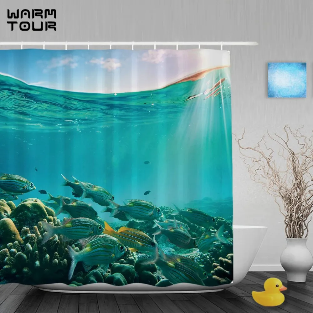 WARM TOUR Tropical Sea Creatures Shower Curtain Coral Reef Fish