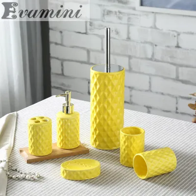 

China Luxury Ceramic 6pcs/set Bathroom Set Accessories as gift Bathroom Supplies Mugs Wedding Gifts Toilet Brush Restroom Cleani