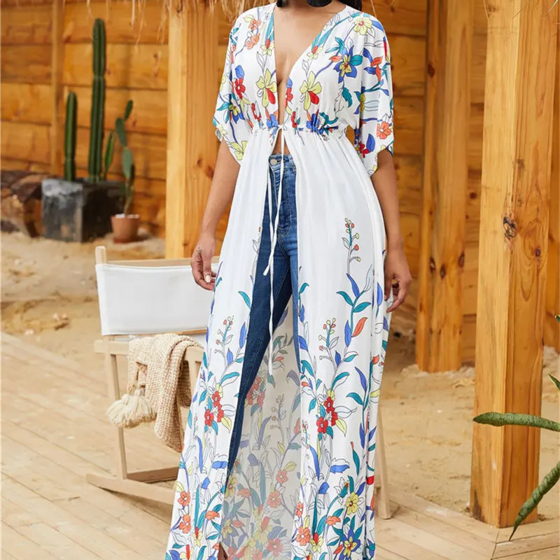 Богемное летнее пляжное платье с цветочной вышивкой и полурукавом спереди, элегантное женское пляжное платье макси Robe de plage N851