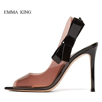 

Sexy Black Transparent PVC Pumps Side Black Butterfly-knot Peep Toe Women Sandals High Heesl Single Shoes Ladies Party Shoes