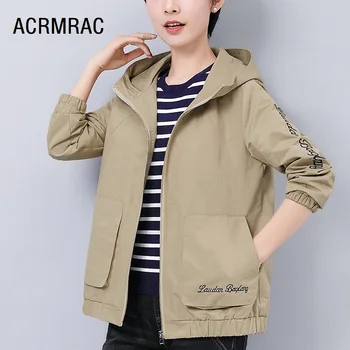 

ACRMRAC Women jacket Slim spring autumn Coats letter printing Hooded Long sleeve jacket Women YY19A8505