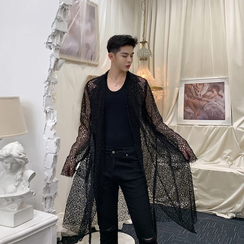 

MIXCUBIC 2019 spring Korean style Retro unique delicate lace trench men long section casual loose lace Windbreaker for men M-XXL