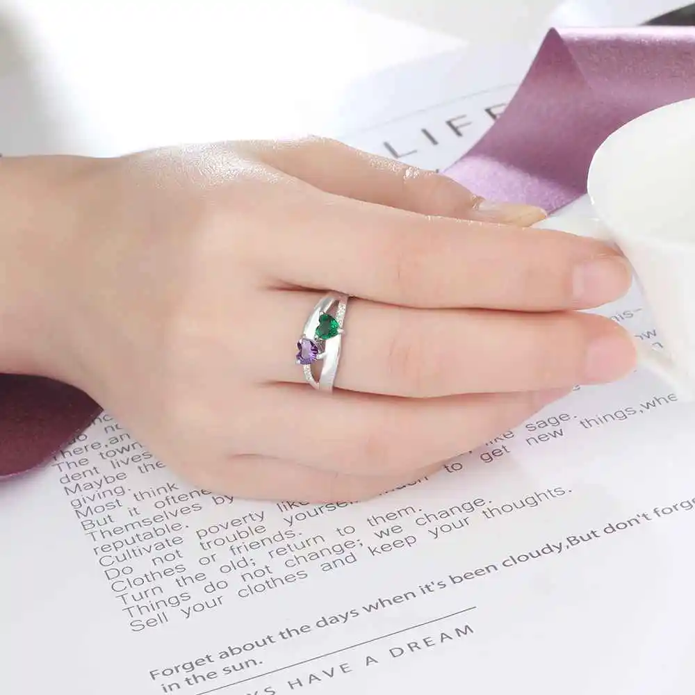 Double Heart Birthstone Ring Personalized Custom Engrave Names Promise Rings 925 Sterling Silver Jewelry (JewelOra RI103276)