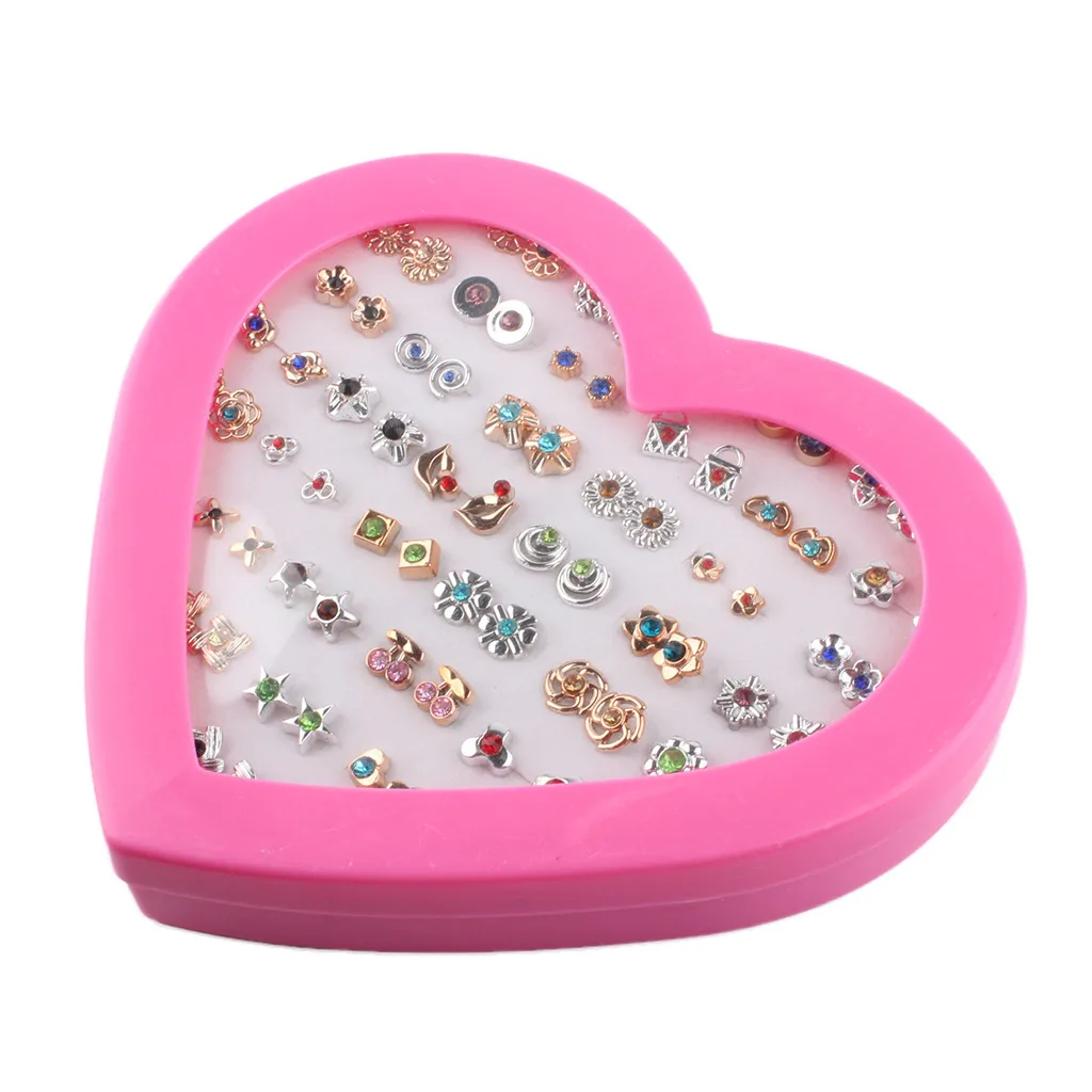 

Heart Boxed Shiny Diamonds Earring 36Pairs Joker Studs Set Women Gold Silver Color Of Stud Earrings Child Heart Key Earring 5.16