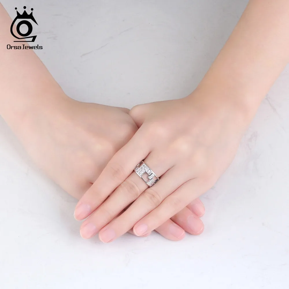ORSA JEWELS Men Women Rings Unisex Original Tetris Pattern Hollowed AAA CZ Silver Color Cocktail Ring Female Gift Jewelry OR172