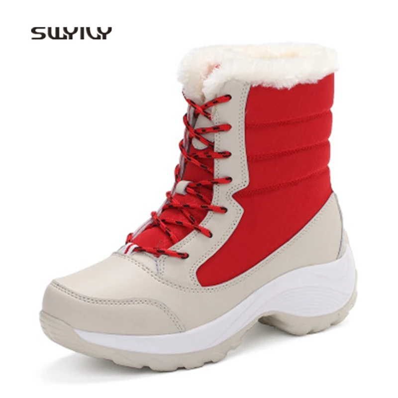 

SWYIVY Women Toning Shoes Leather Platform Velvet Warm Snow Boots 2018 Winter Thicken Height Increasing Female Swing Shoes