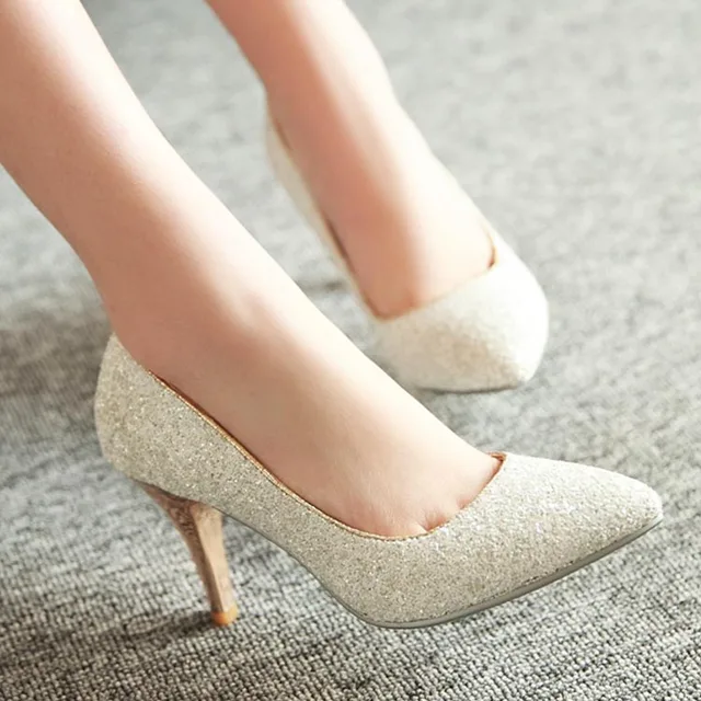 Spring And Autumn Female Paillette White Gold Wedding Shoes Spring And Autumn Female Paillette White Gold Wedding Shoes Bridesmaid Princess Thin Heels High
