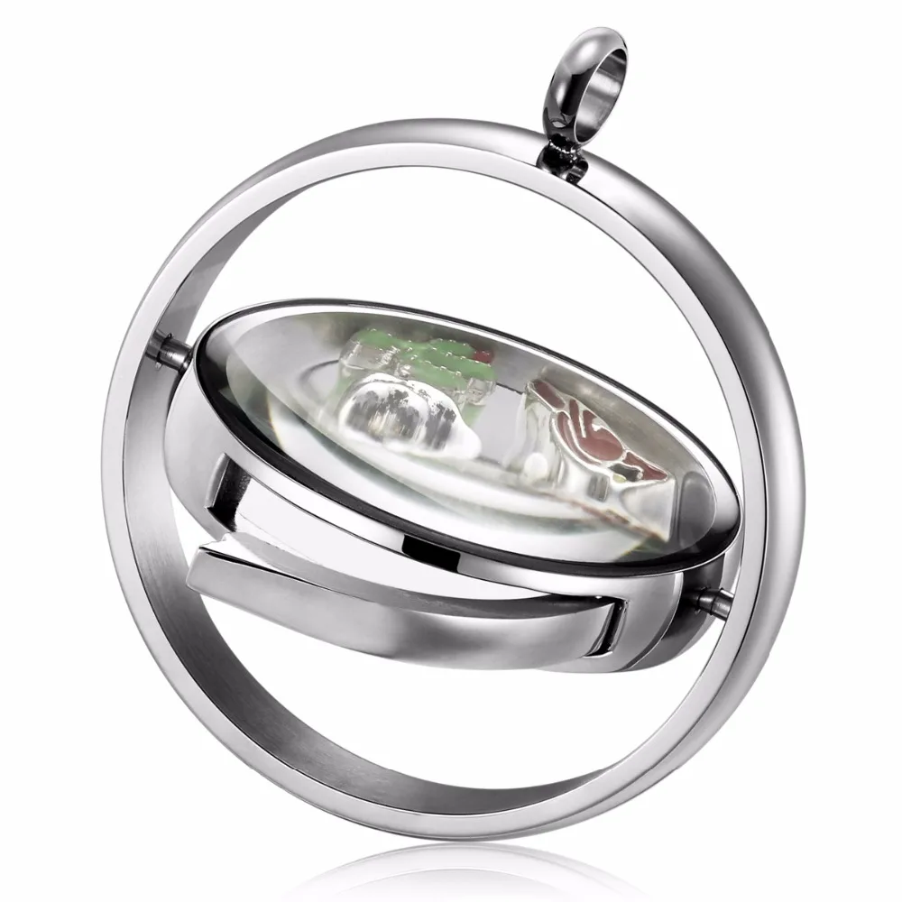 

Stainless Steel Round Side-opening Wishing Bottle Memory Floating Locket Necklace Rotating Glass Locket -Cactus Palm Bird Charms