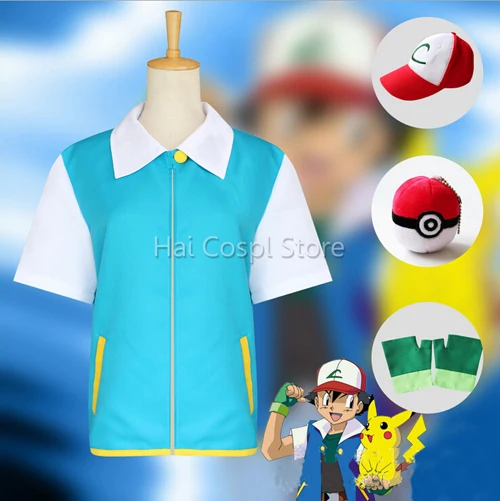 Ash Ketchum костюмы Pocketmon тренировочная куртка для косплея японского аниме ясень рубашка перчатки шляпа шар синий белый мультфильм Пикачу для взрослых - Цвет: A