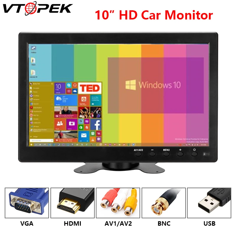 

Vtopek 10'' car monitor car display 1280*720 Computer monitor HDMI VGA 12-24 V 18IR Lamp CCD Chip PAL/NTSC viewfinder AV1 AV2