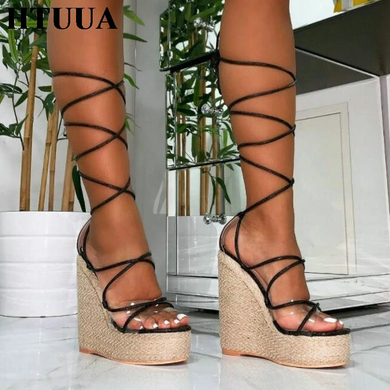 

HTUUA 2019 Fashion Summer Women Platform Sandals Sexy Open Toe Ankle Cross Strap Gladiator Sandals High Heels Wedges Shoes S2858