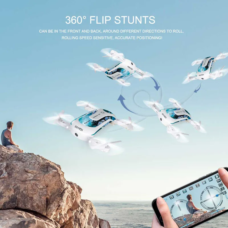 

Mini Folding Drone WiFi Fixed Height FPV HD Camera Voice Control Headless Mode 6-axis Gyroscope Stable Windproof 360° Roll