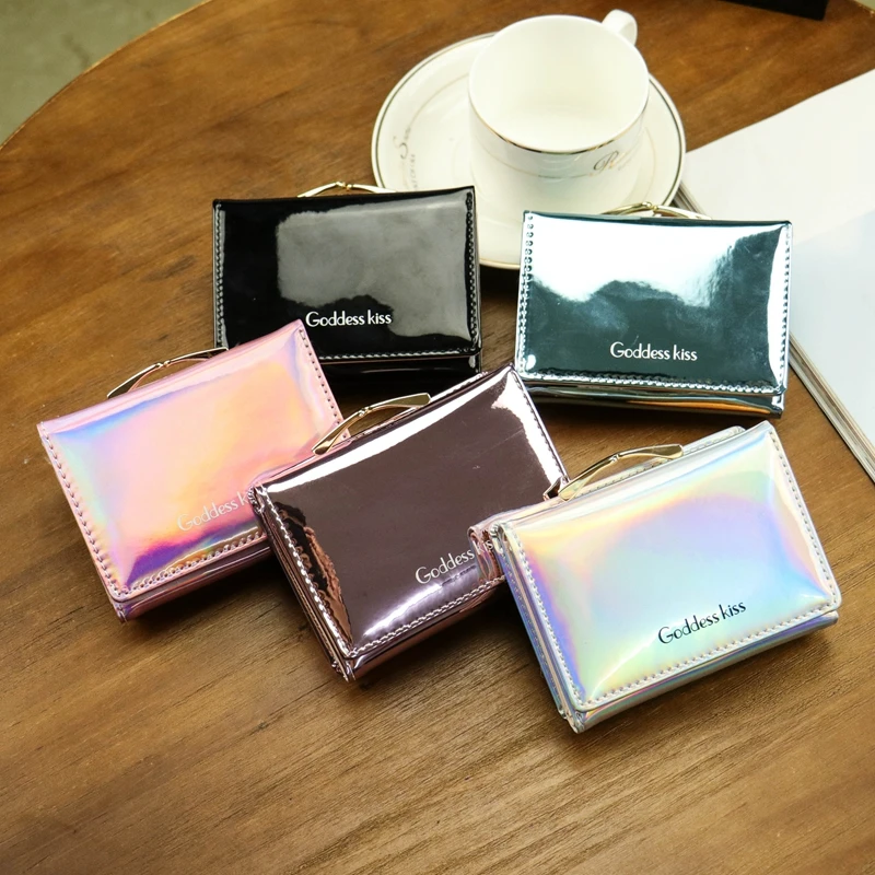 

2019 Newest Hot Women Short Small Coin Purse Wallet Ladies Leather Folding Card Card Holder Laser Colorful Coin Purses