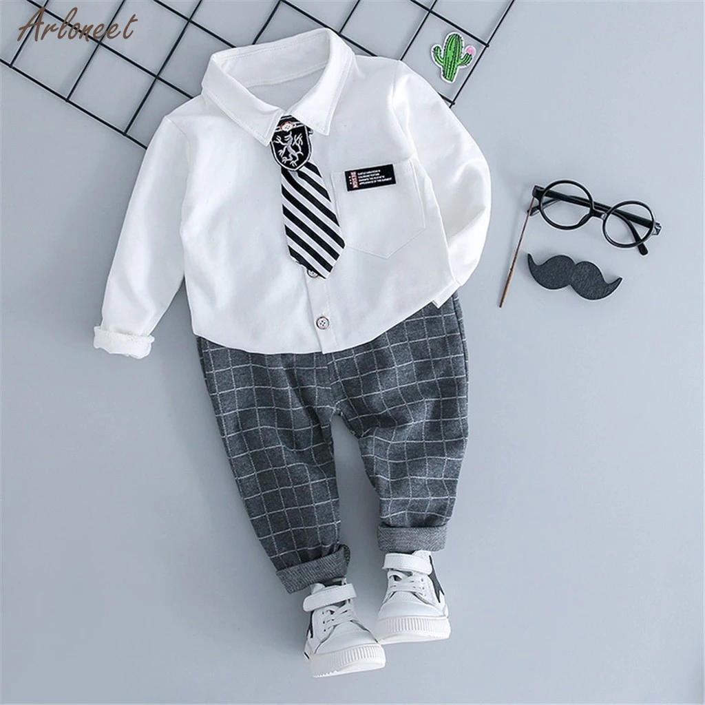

2019 Spring Autumn Baby Boys Clothes Toddler Kids Baby Boys Gentleman long Sleeve T-shirt Plaid Pants Trousers Tie Outfits Set