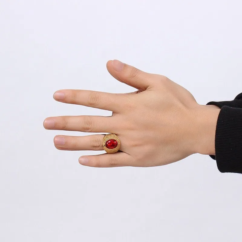 Elegant Round Bishop Mens Rings In Floral Design With Red Stone Ring for Men Stainless Steel Gold Tone Retro Jewelry Accessories