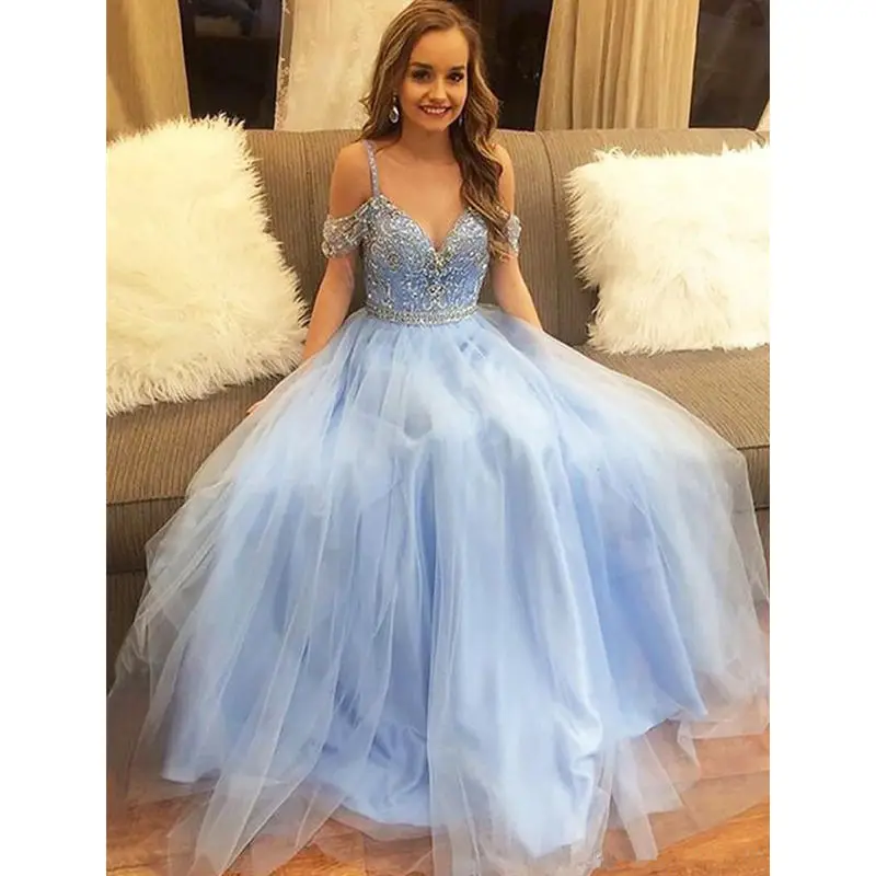 

Elegant Tulle Prom Dresses Light Blue V Neck Off The Shoulder A Line Floor Length Long Formal Party Appliques Evening Gowns