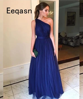 

Robe De Soiree 2020 A-line One Shoulder Backless Dark Blue Tulle Long Prom Dresses Prom Gown Formal Evening Dresses