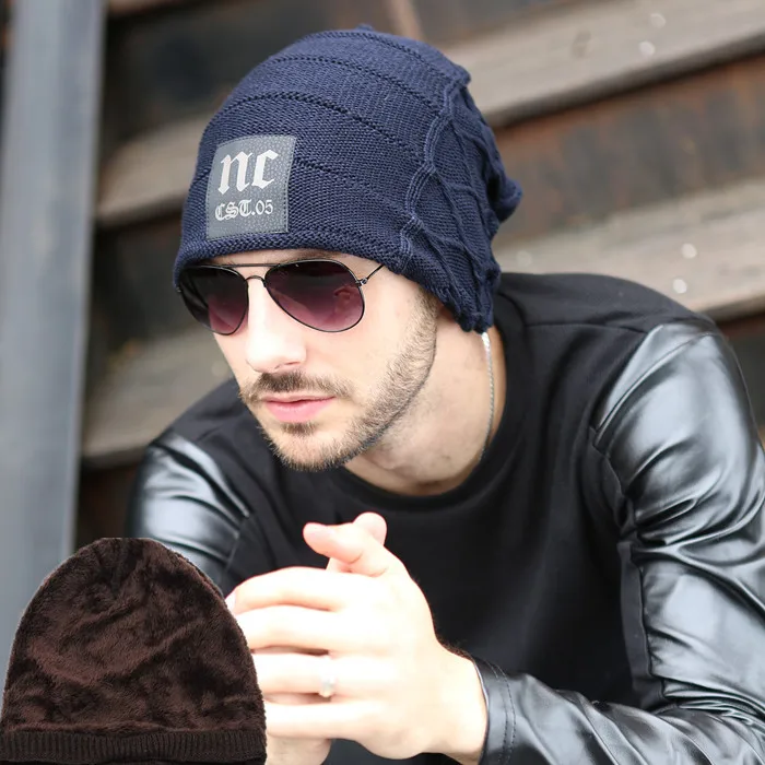 

Fashion 2015 New Winter Men and Woman Hat Letter NC Beanies Knitted Hat Ear Protector Velvet Cap Wool Warm Skullies