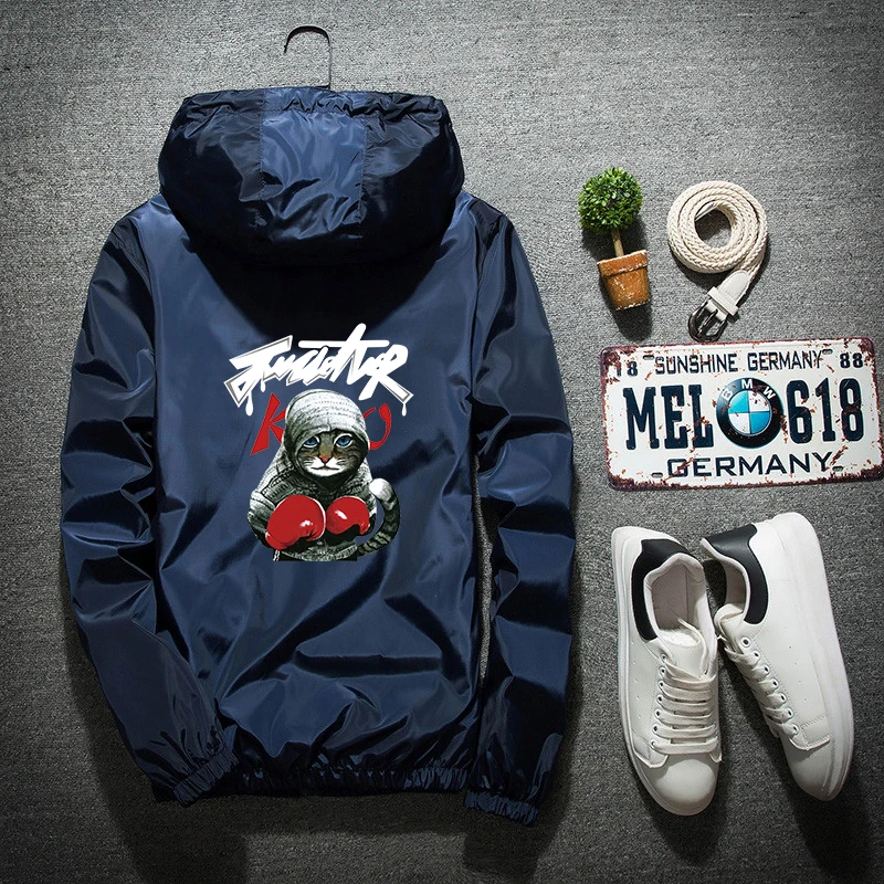 

Spring and autumn men's thin print kung fu cat jacket with hooded slim young men's men's coat student trench coat jacket jacket
