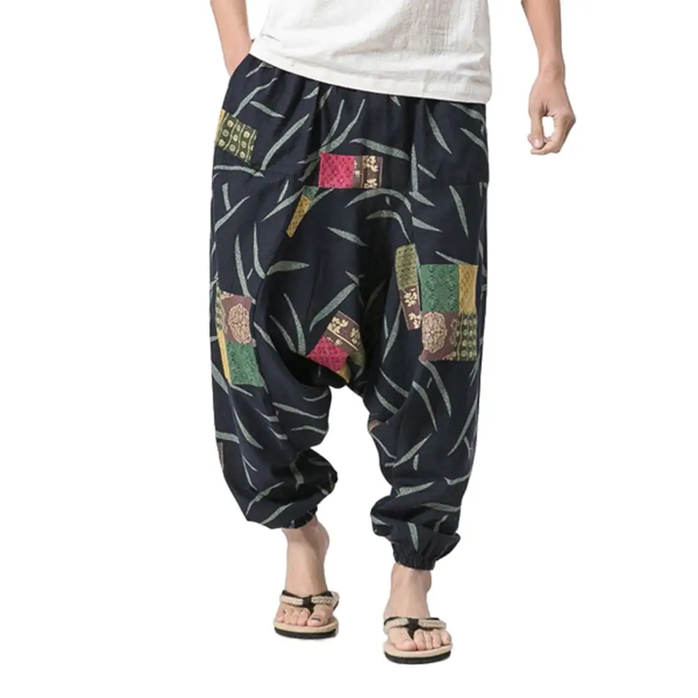 2019 Plus Size Cotton Linen Harem Pants Men Joggers Cross-Pants Male Summer Floral Print Hawaii Beach Pants Boggy Trousers