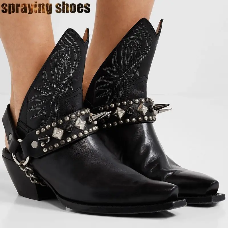

Autumn Black Genuine Leather Rivets Studded Women Ankle Boots Pointed Toe Thick High Heels Metal Chain Buckle Decor Runway Shoes