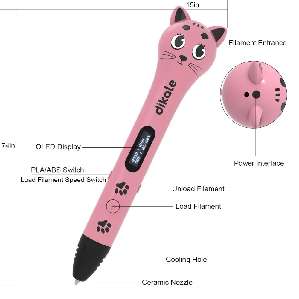 Dikale 3D Ручка для рисования USB зарядка кошка дизайн OLED экран 3D печать Ручка принтер Карандаш нить безопасности волшебный изысканный подарок