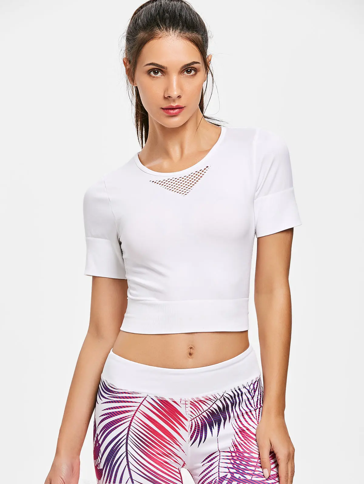 Bellziva Seamless Mesh Back Gym T Shirt Round Neck Short Sleeves Crop