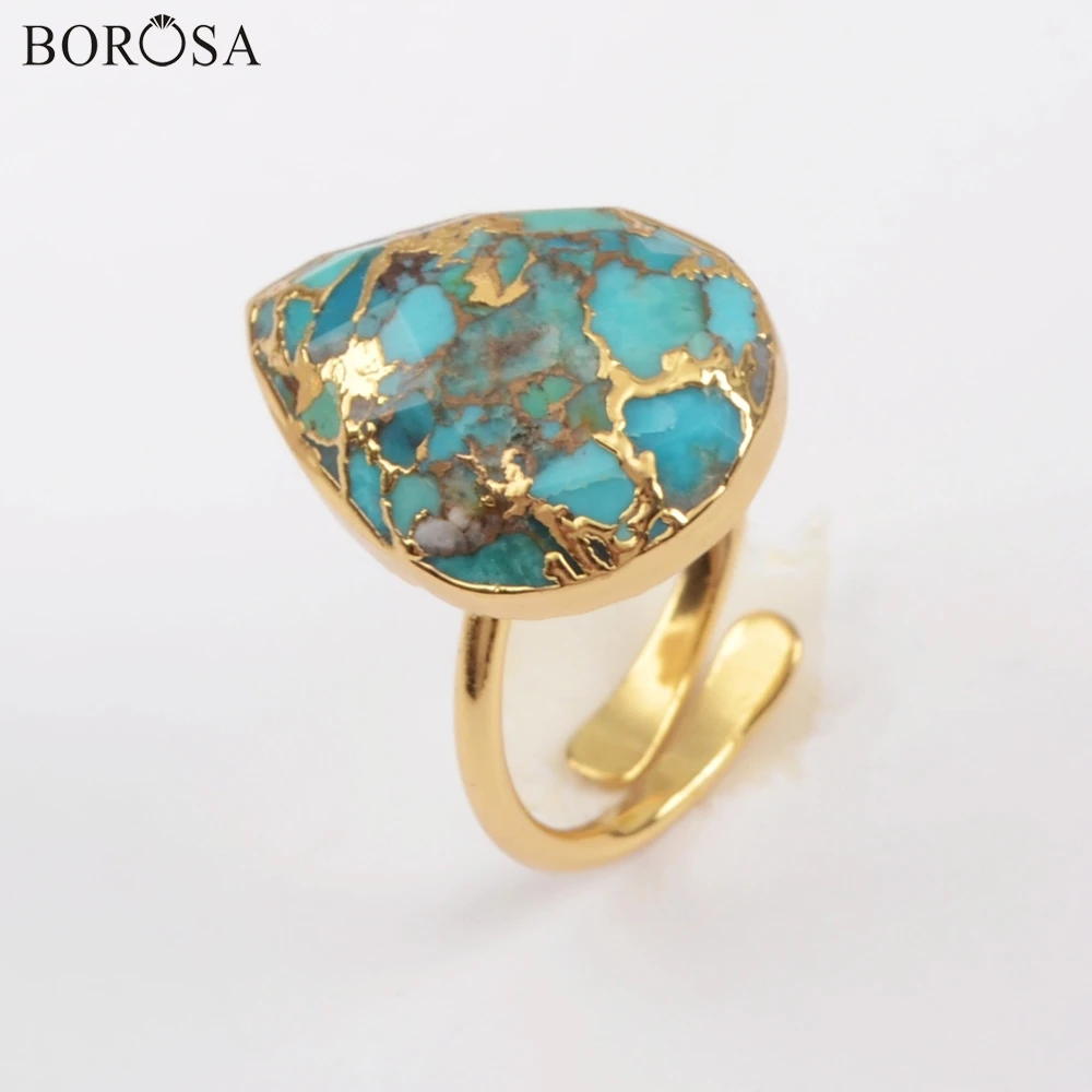 

BOROSA Jewelry 5/10Pcs Teardrop Shape Gild Copper Natural Turquoises Ring Natural Stone Adjustable Rings Factory Outlet G1836