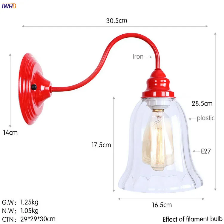 IWHD Стекло Винтаж Ретро светодиодный настенные светильники красного металла Лофт Промышленные Винтаж бра Edison Wandlampen домашнего освещения
