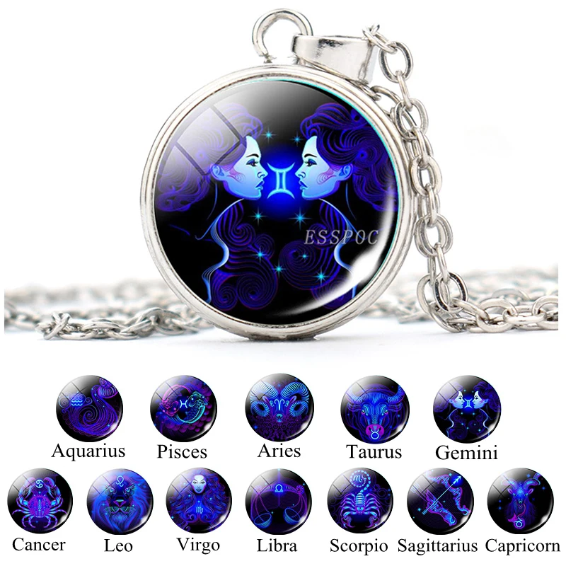 

12 Zodiac Sign Silver Chain Necklace 16MM Snap Button Necklace Cancer Leo Virgo Libra Scorpio Sagittarius Constellation Jewelry