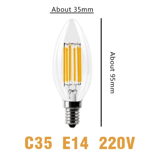 Светодиодный светильник-свеча в винтажном стиле, лампа накаливания E14 E27, светодиодный светильник Эдисона в форме шара, 220 В, стекло, 2 Вт, 4 Вт, 6 Вт, 8 Вт, сменная лампа накаливания с регулируемой яркостью - Испускаемый цвет: C35 Bulb E14 220V