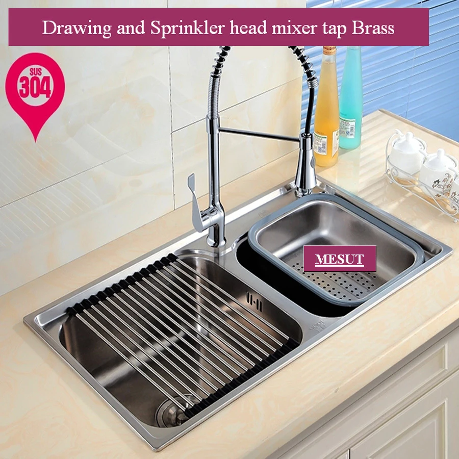 304 Stainless Steel Brushed Thicken Double Kitchen Sink With Faucet More Sizes Accessories Complete 72 38 75 40 78 43 81 43 Double Kitchen Sink Kitchen Sinkkitchen Double Sink Aliexpress