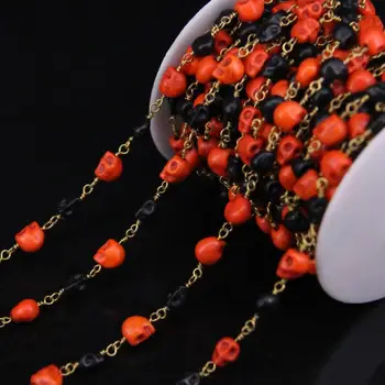 

6x8mm Size,Orange Black Turquoises Skull Beads Link Brass Wire Wrapped Chains,Mixed Turquoises Rosary Chain,Women sweater Chain