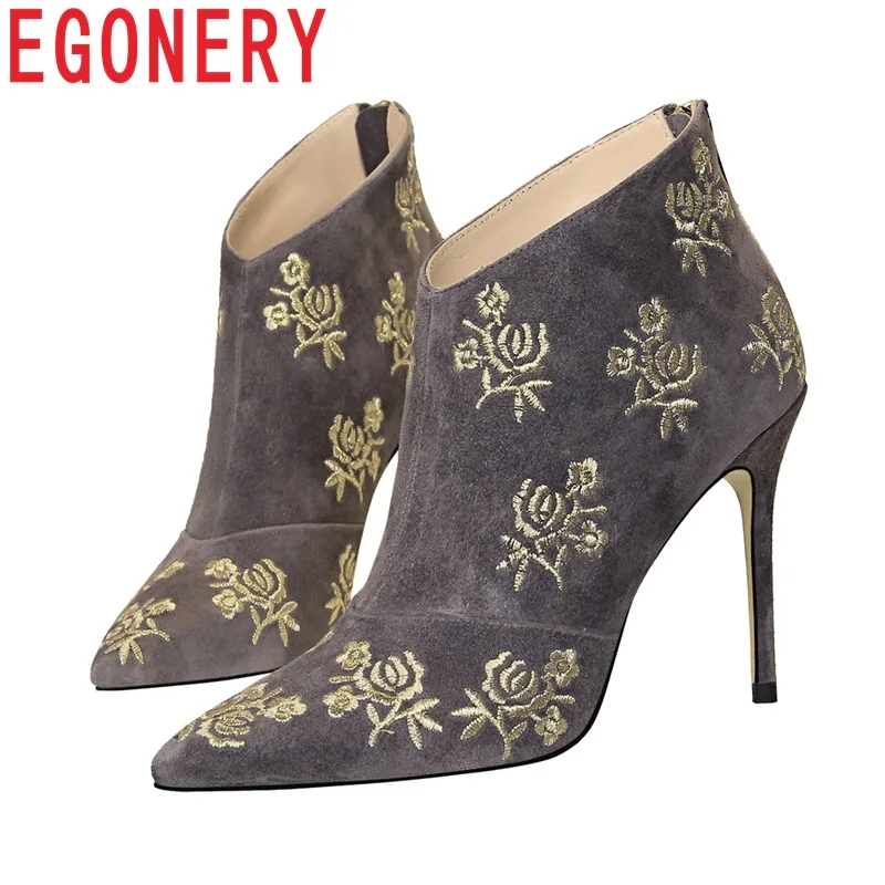 

EGONERY 2018 Embroider Ankle boots Super High 10cm bar party Dancing Wedding shoes Retro Flower winter Spring plush women shoes
