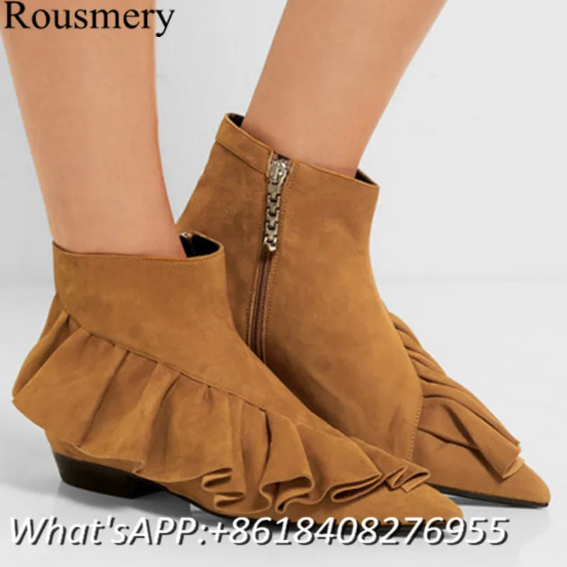 

2017 Fashion Women Shoes Fringe Boots Low Heel Women Ankle Boots Zipper Pointed Toe Shoes Women Flower Pleated Shoes Flats