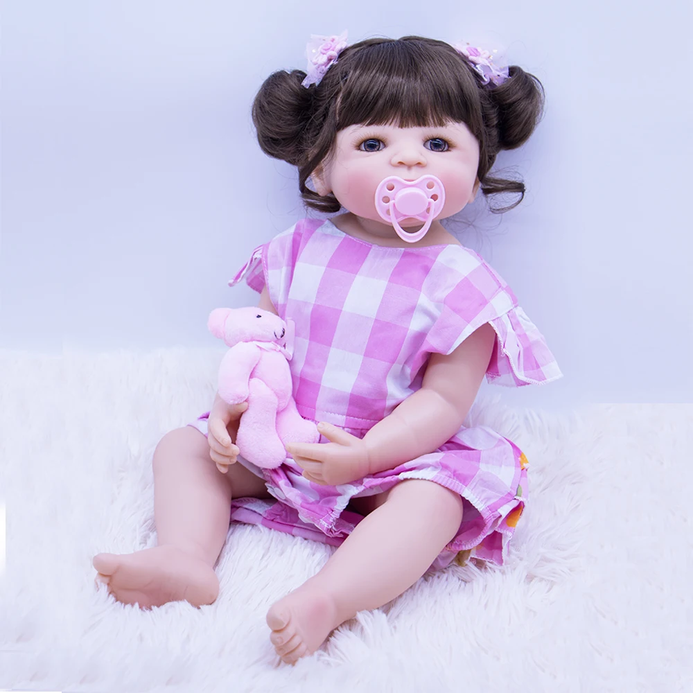 55cm Reborn Silicone Baby Dolls Alive Brown Micro Volume Hair Girl With 1pcs Mini Pink Bear Plush Toy Gift For Child Bebes Rebor Dolls Aliexpress