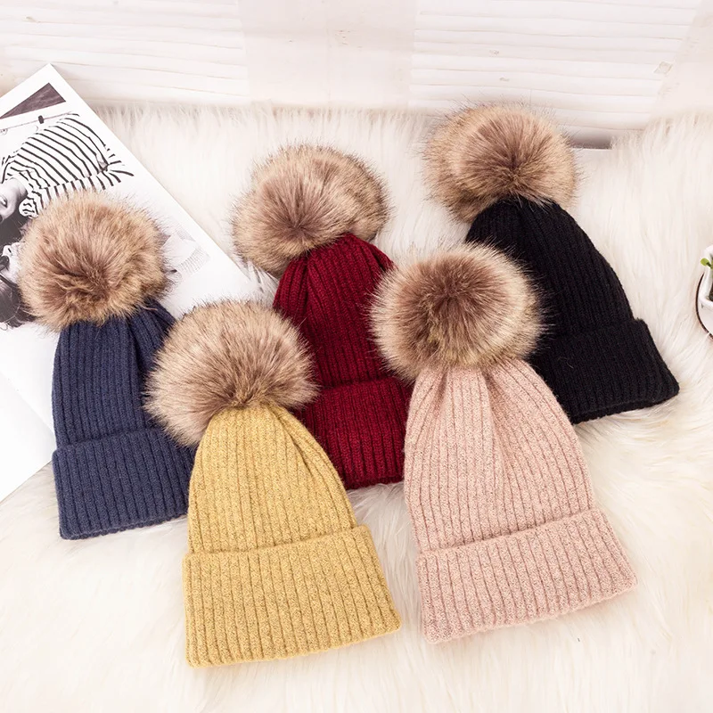 Зимняя женская шапка для взрослых, мохер, темная пряжка, вязанная шапка для волос, Корейская однотонная женская шерстяная теплая шапка Skullies& Beanies