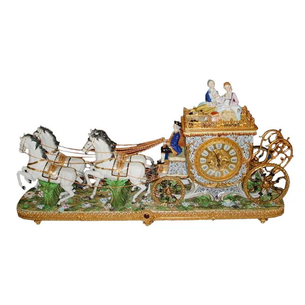 European Antique Luxury Horse Drawn Ceramic Table Clock, Ornate Ceramic