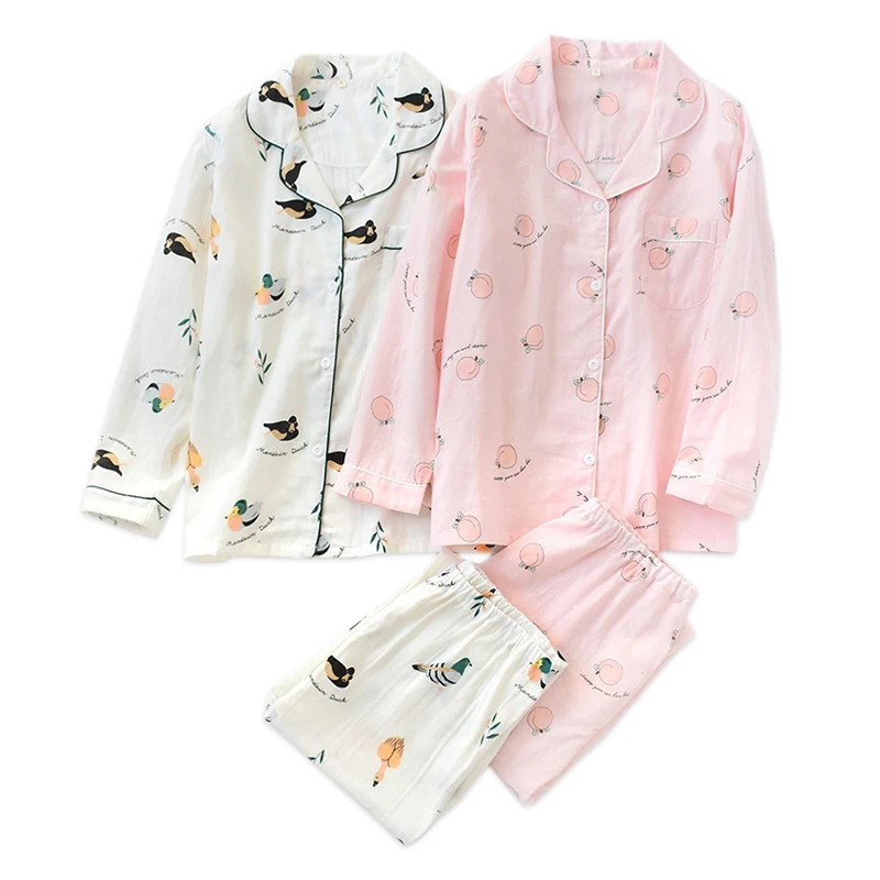 

Fresh fruit 100% gauze cotton pajamas sets women new 2019 spring cozy homewear casual long-sleeve pyjamas women