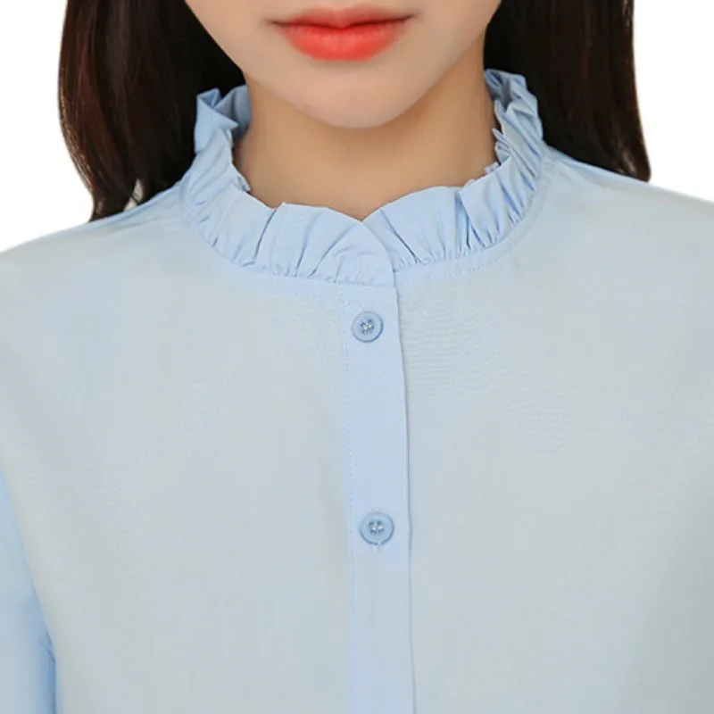 Модный женский топ, женская летняя офисная блуза с длинным рукавом и тонким воротником, Повседневная однотонная белая рубашка, топы