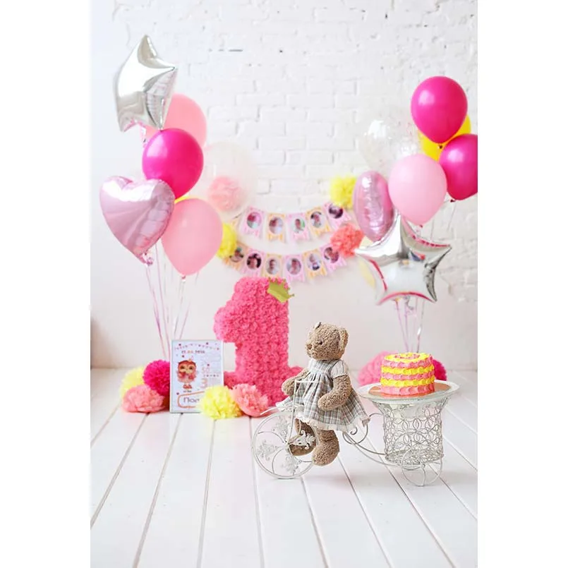 Детский фон для фотосъемки на первый день рождения белый деревянный пол милый медведь розовые шары фоны для фотостудии Фотофон