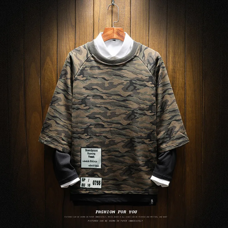 new spring autumn 2018 men o-neck false two piece set hoodies casual Japanese style loose plus size 5XL long sleeves sweatshirts