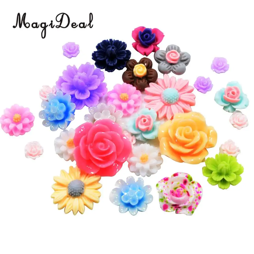 MagiDeal 50Pcs Assorted Colors Size Resin Rose Flower Carving Rose Flower Beads Accessories Synthetic stone material 