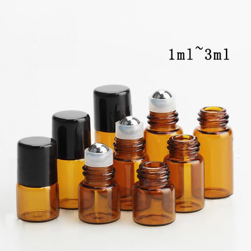 

600pcs/lot 1ml 2ml 3ml 5ml Perfume Sample Vials Mini Amber Roller Bottles Essential Oil Glass Bottle With Black Plastic Cap