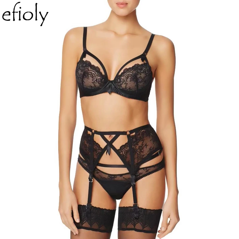 

EFIOLY Deep V Bra Set Push Up Unlined Thin Bra + Panties + Garter Lace Embroidery Underwear Set Sexy Lingerie Simple Suit